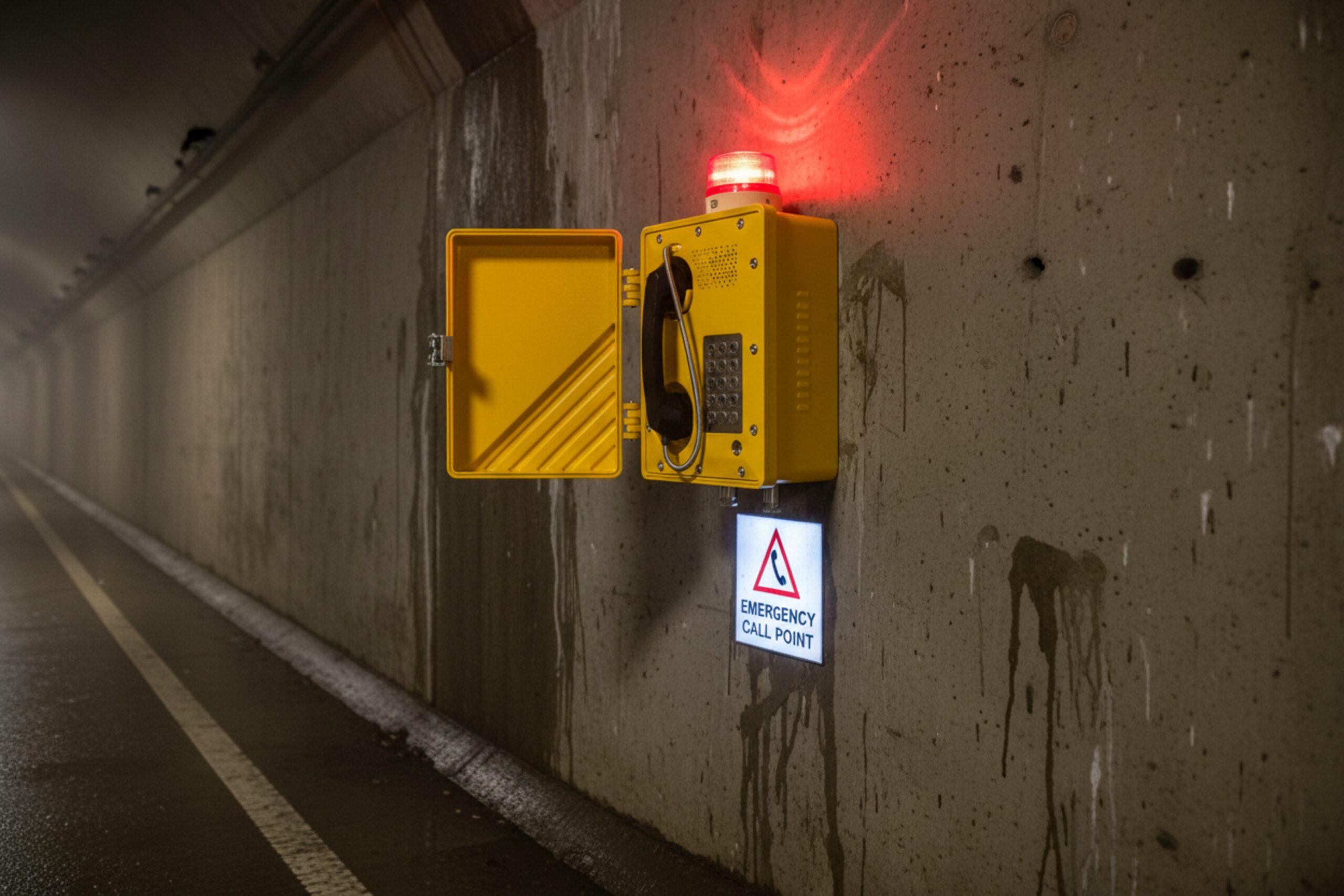 Tunnel emergency call point with explosion proof telephone and flashing beacon for safety alerts