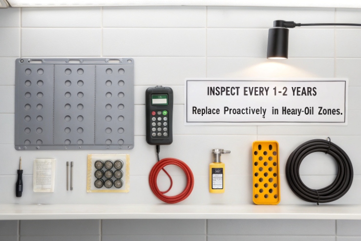 Maintenance kit layout for industrial phone with cables, gaskets, tools and inspection reminder.