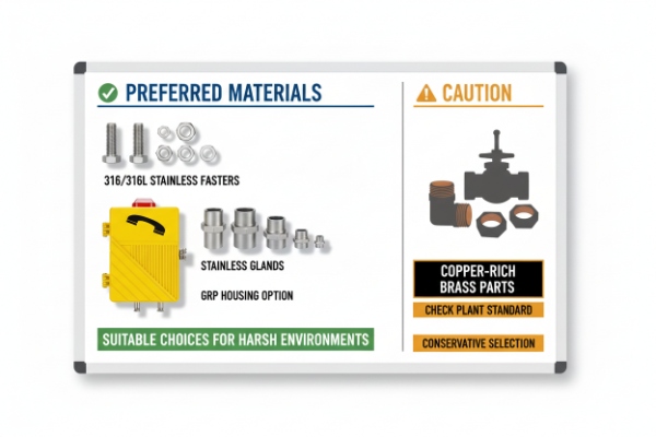 Infographic showing preferred stainless materials and caution on copper-rich brass parts for harsh sites