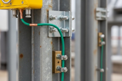 Protective earthing and bonding cable connected to Ex SIP phone mounting for safe installation