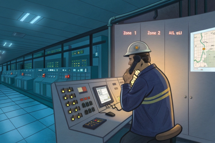 Control room dispatcher on phone manages industrial zones with SIP paging console.
