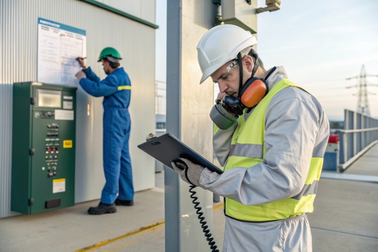 Field technician in PPE uses a handset while recording notes on a clipboard; another worker performs checks on an adjacent control cabinet in the background.