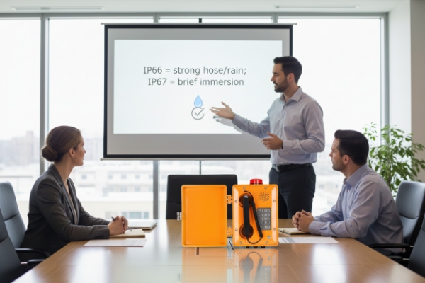 Office demo showing IP66/IP67 rating with waterproof SIP emergency phone on table