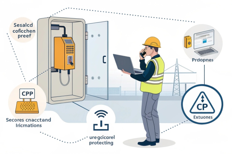 Technician provisions industrial SIP phone in cabinet with secure configuration and remote management.