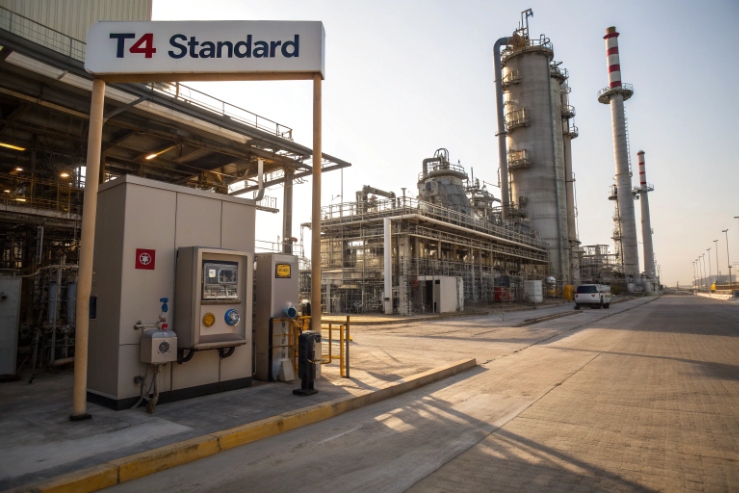 Refinery entrance with T4 Standard sign and hazardous area control cabinet