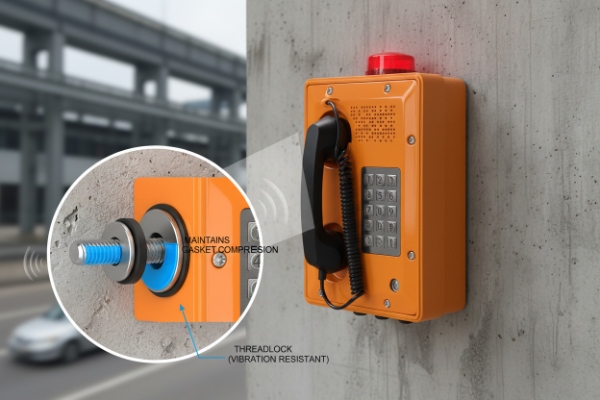 Vibration-resistant SIP phone mounting showing threadlock fastener maintaining gasket compression\