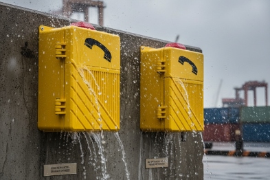 Two waterproof industrial emergency phones on dock wall under heavy rain and splash