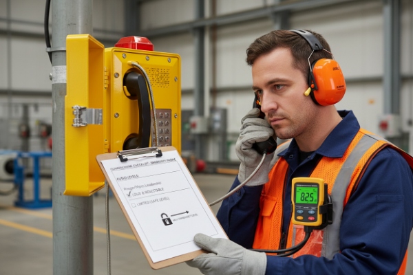Maintenance worker testing industrial phone with hearing protection and inspection checklist