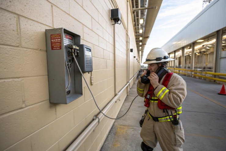Industrial worker using wall-mounted emergency telephone at refinery walkway for rapid incident reporting