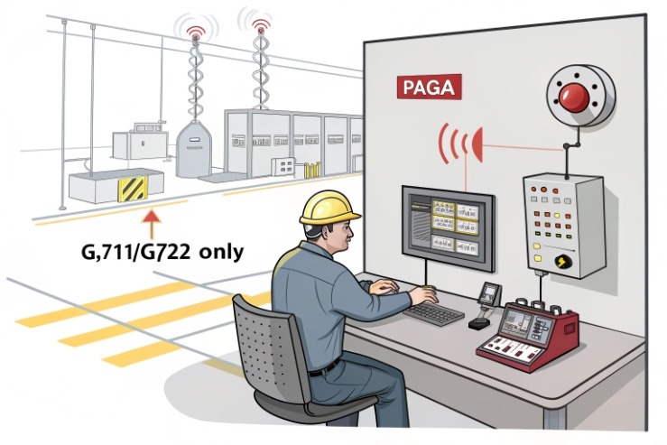 Illustration of PAGA dispatch console using G.711/G.722 audio for industrial paging system.