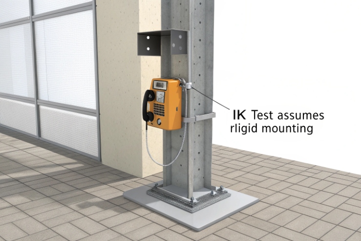 Diagram shows rigid mounting requirement for IK impact test of emergency phone.