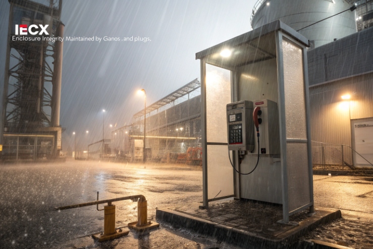Weatherproof emergency phone booth in heavy rain at refinery, IECEx enclosure integrity shown.