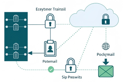 Secure SIP voicemail architecture linking PBX, cloud services, and encrypted email mailbox