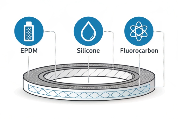 Seal gasket cross-section compares EPDM, silicone, and fluorocarbon materials for weatherproof industrial enclosures.