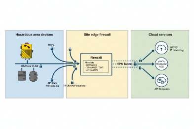 Secure provisioning architecture linking hazardous area devices through edge firewall to cloud