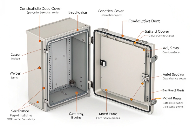 Open weatherproof electrical enclosure with gasketed door and labeled internal components for installation.
