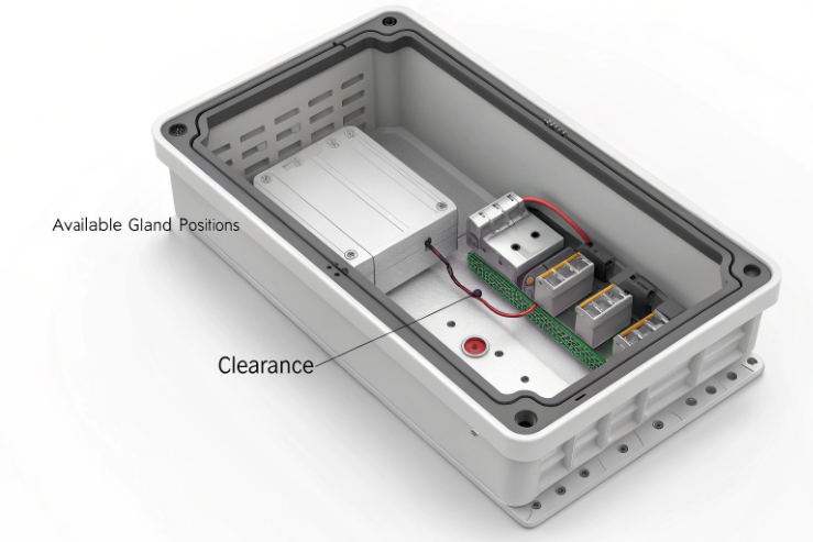 Inside weatherproof junction box with cable gland positions, relays, and wiring clearance for EX phone