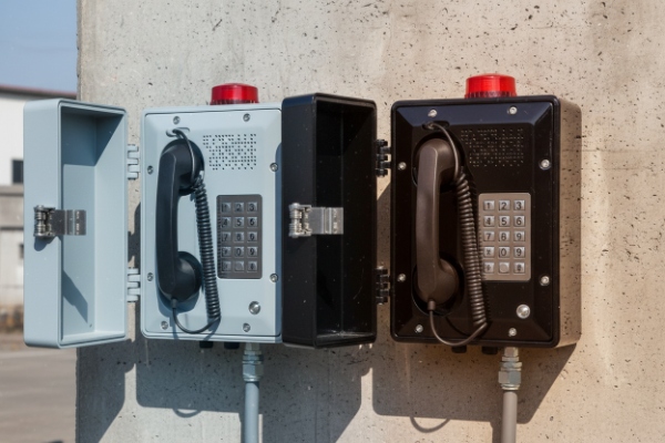 Three outdoor SIP emergency phones with protective hoods, mounted on concrete wall