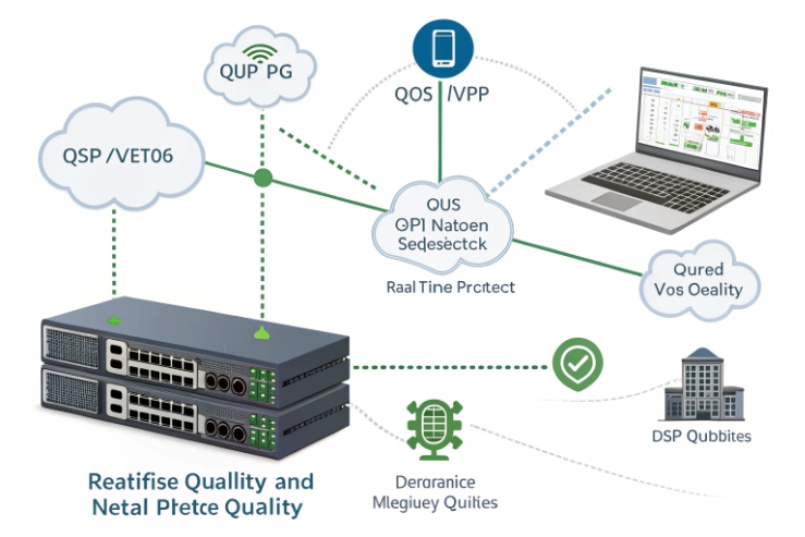 QoS network architecture diagram improving real-time voice quality across gateways and monitoring tools