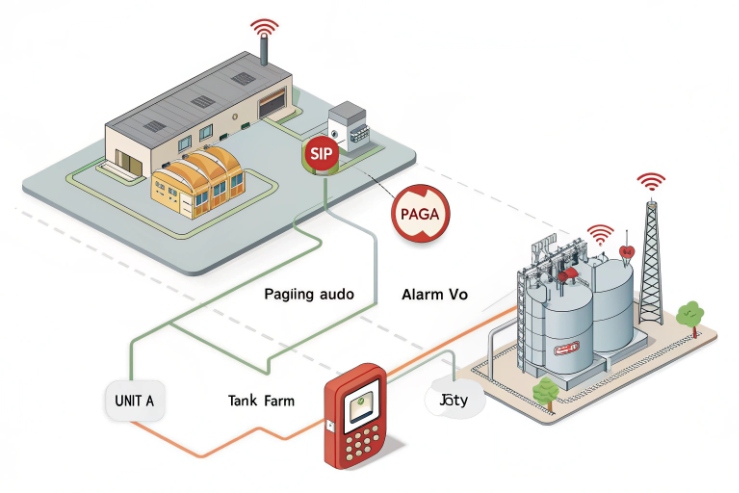 Network diagram showing SIP/PAGA paging and alarm voice routing between plant units and a tank farm