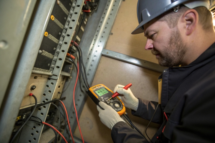 Technician testing control cabinet wiring with digital multimeter during maintenance
