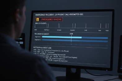Emergency incident timeline on monitoring screen showing industrial SIP phone call events