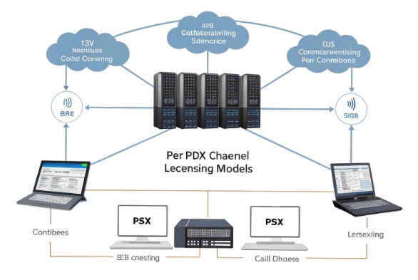 Telecom system with channel licensing and connections to laptops