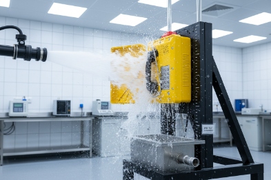 Laboratory water jet test sprays industrial explosion-proof phone for IP rating verification