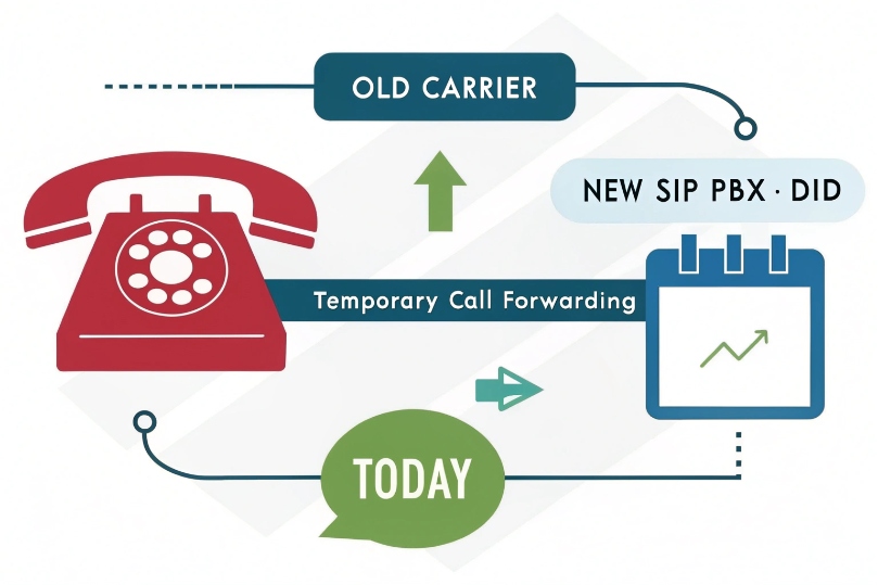 Diagram showing a red rotary phone with “Old Carrier” sending calls via a “Temporary Call Forwarding” ribbon to a calendar icon labeled “New SIP PBX · DID,” with a green “Today” badge indicating same-day call forwarding from legacy lines to the new SIP system