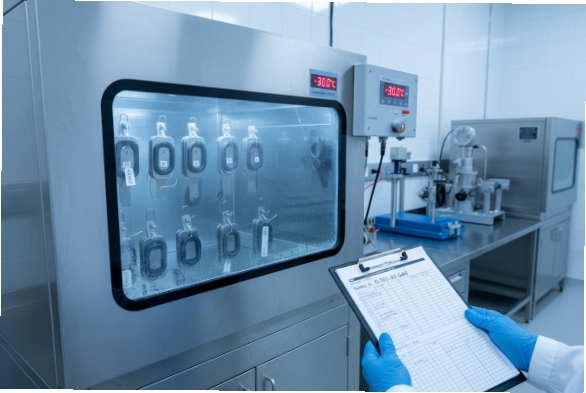 Environmental chamber test for industrial phone components at -30°C, technician recording results