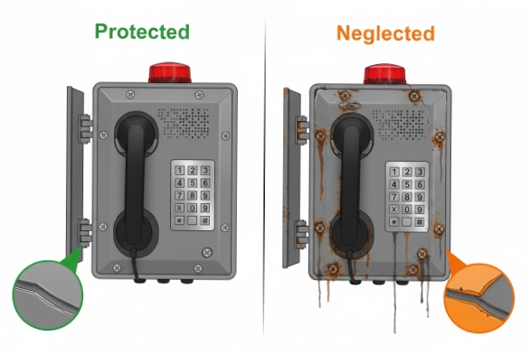 Protected vs neglected weatherproof industrial emergency telephone showing corrosion and seal damage