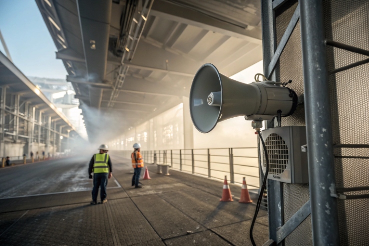 Industrial horn loudspeaker mounted for PA paging and emergency announcements in plant