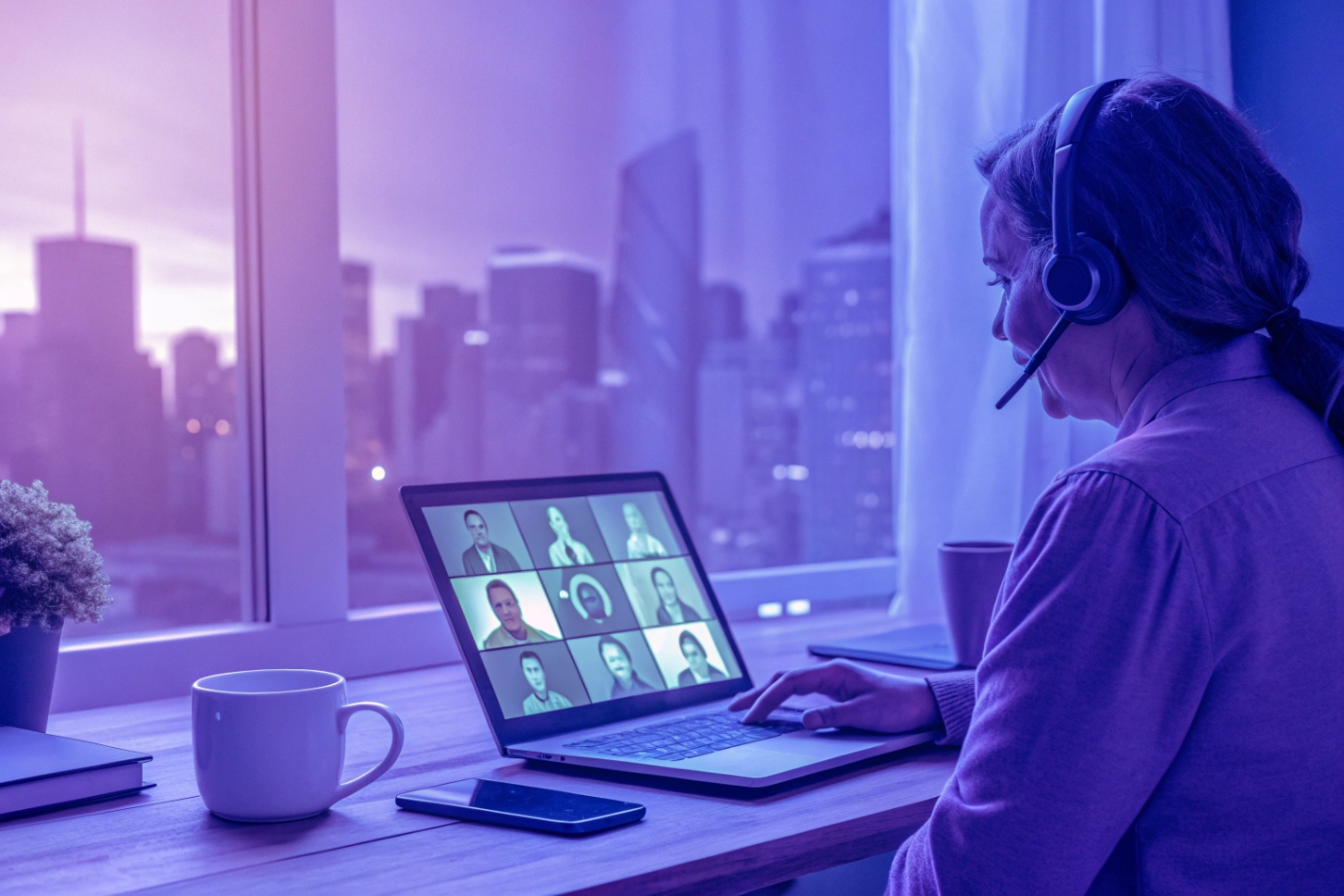 Remote worker using VoIP headset for video conferencing