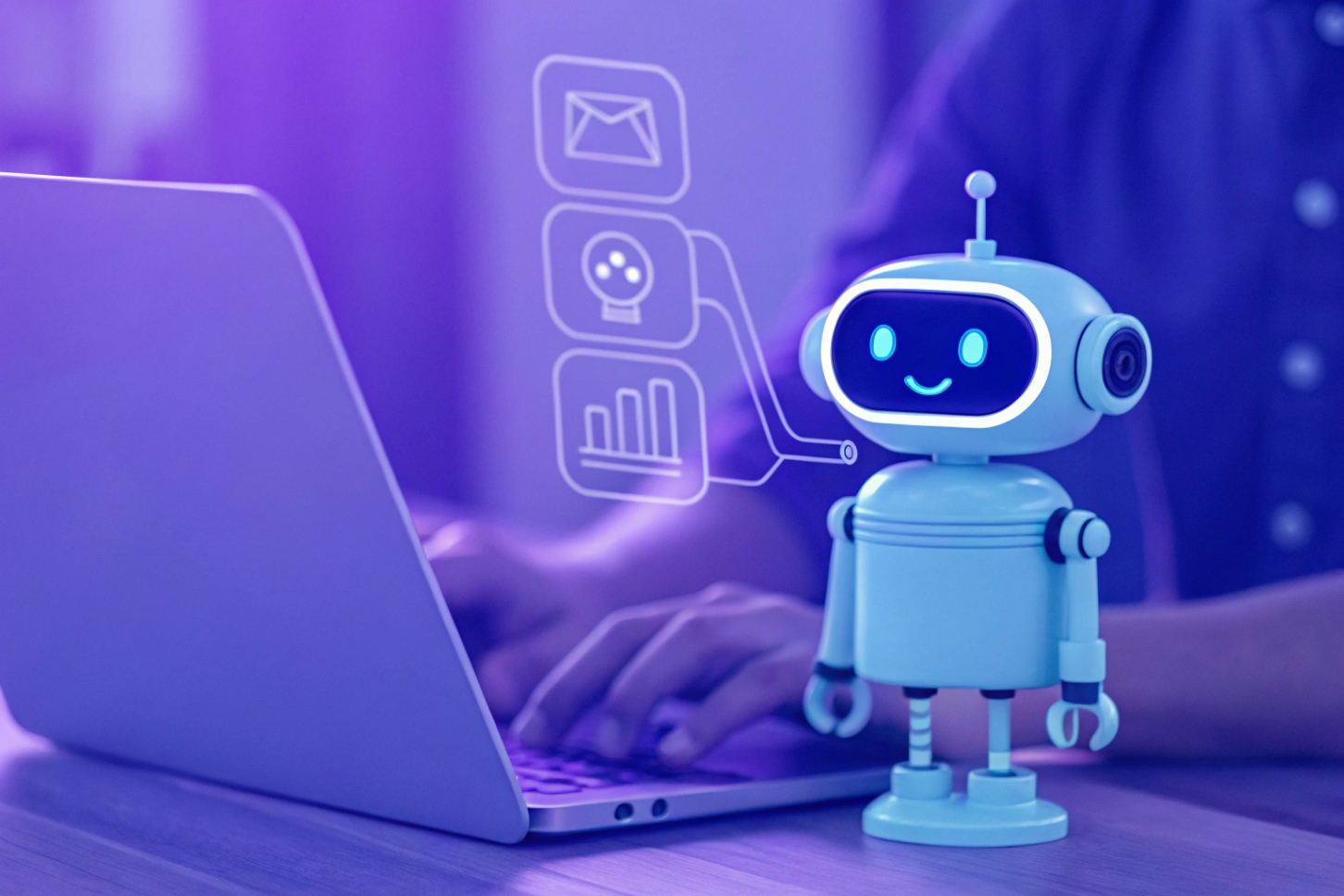 AI chatbot assistant supporting customer communication on laptop