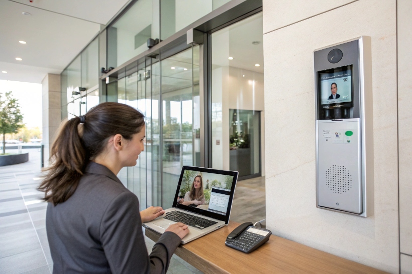 Receptionist using laptop video call connected to outdoor SIP door intercom system