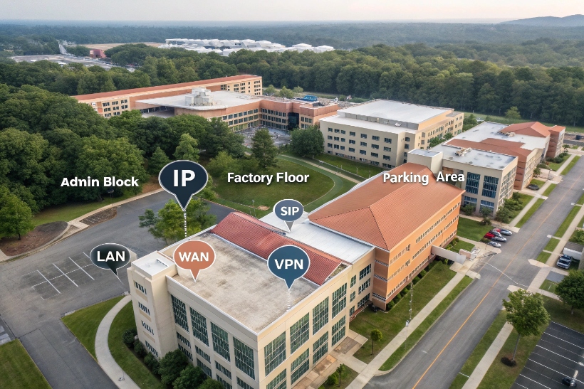 Aerial view of industrial campus with labeled IP SIP LAN WAN VPN