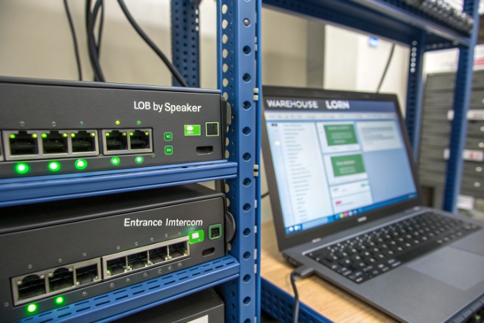 Rack mounted SIP paging and entrance intercom gateways with configuration laptop