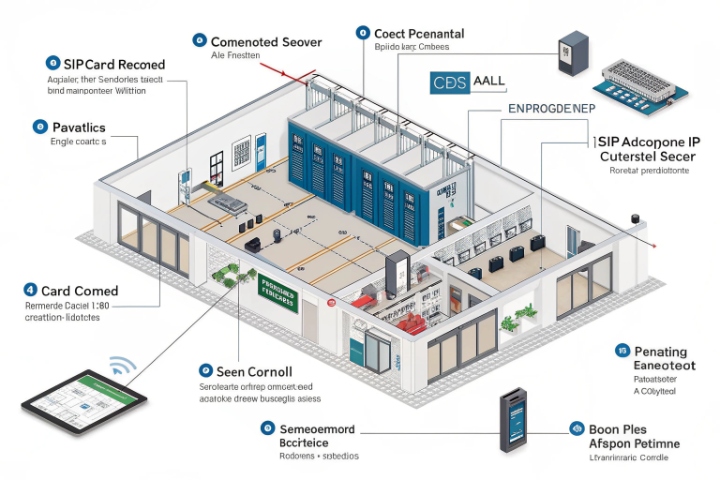 Isometric diagram of IP intercom paging access control and server room layout