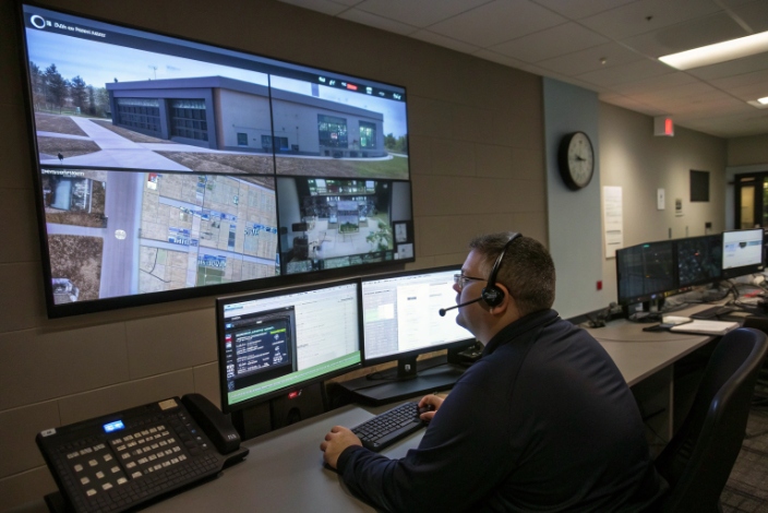 Emergency dispatch operator monitoring multi screen IP video surveillance system