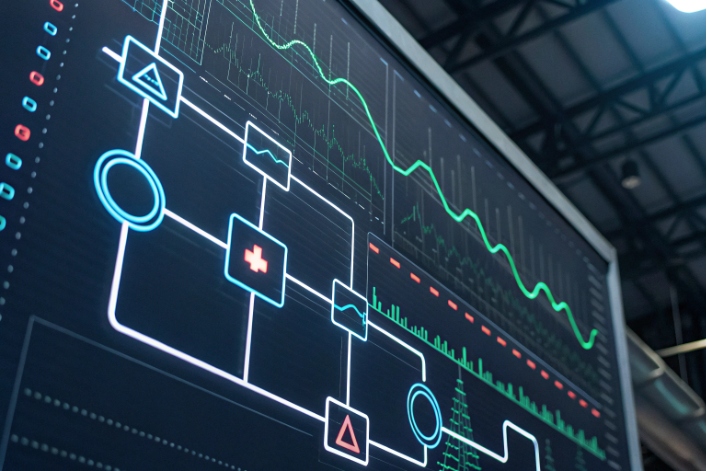 Engineers monitoring large data center racks and network servers
