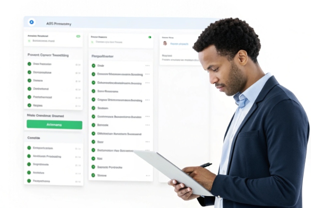 Project team designing contact center routing on digital whiteboard