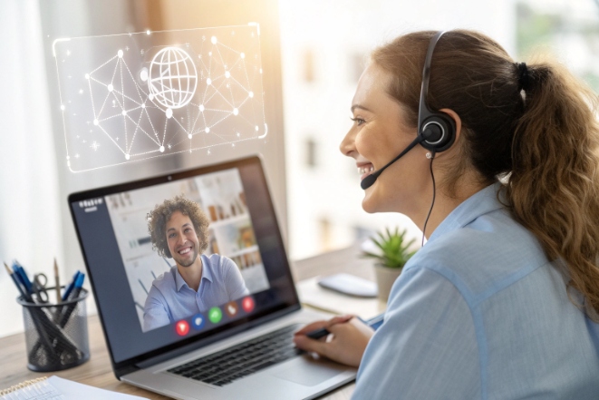 Manager explaining live voice service dashboards on large KPI video wall