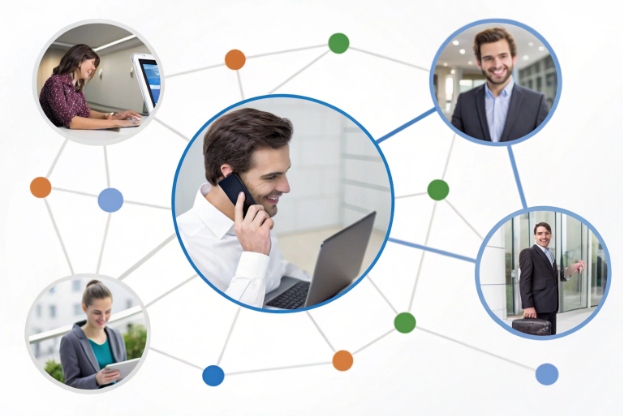 Businessman on VoIP call connected with remote coworkers in unified communication network
