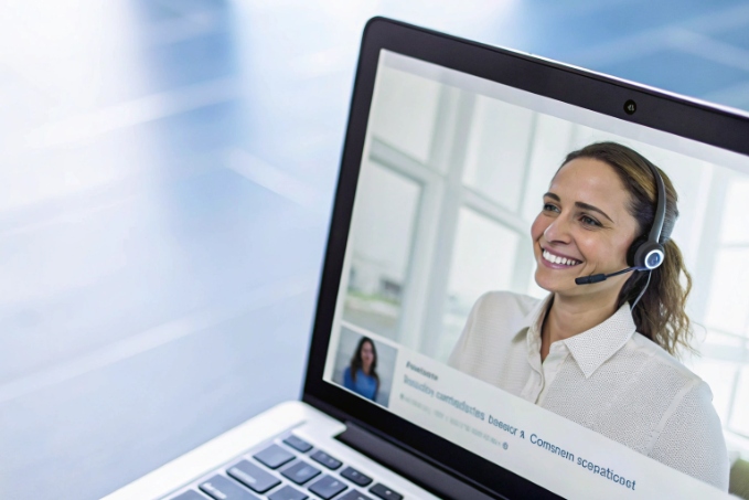 Smiling contact center agent helping customer via laptop video call