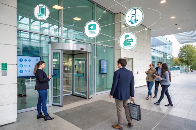 Visitors entering smart office guided by digital omnichannel check in options
