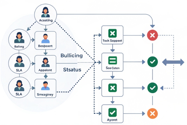Support escalation workflow diagram showing teams SLAs and resolution outcomes