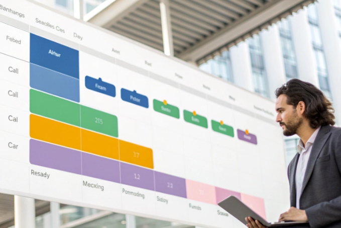 Manager reviewing service timeline chart on large performance dashboard