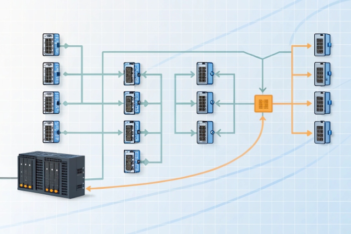 IP communication network topology diagram with servers and distributed controllers