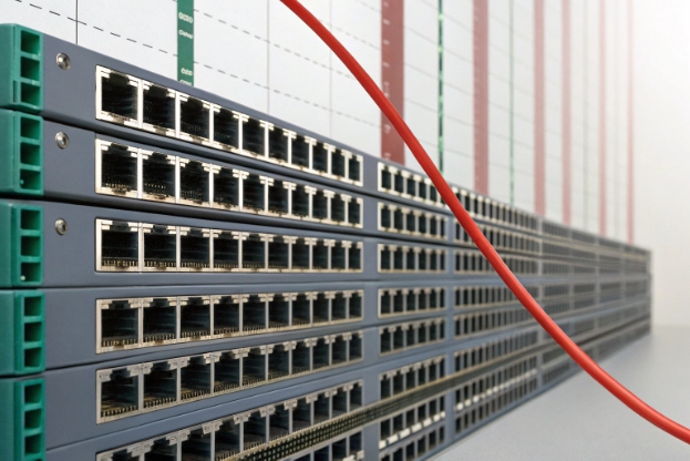 Rack-mounted Ethernet patch panels with red network cable in telecom room