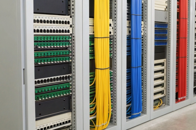Structured cabling cabinets with yellow, blue and red fiber patch cords